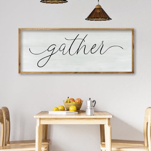 Dining Room Wall Decor Gather Sign 32"×12" for Home Kitchen Cozy Family Reunion Plaque Large Rustic Vintage minimalist Farmhouse Living Room Wood Framed Hanging Art (32"L x 12"W / Gather Sign (Wood))