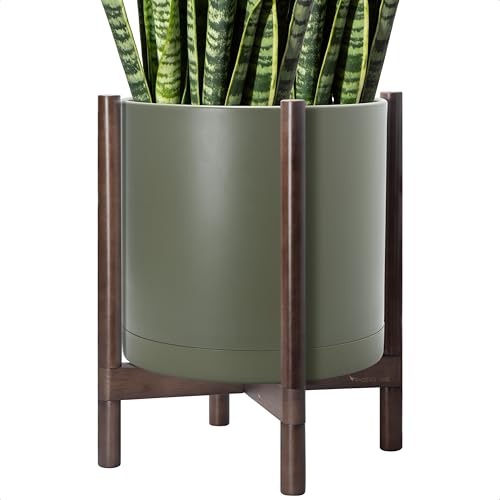 Plastic Pot with Walnut Wood Stand (Olive Pot + Walnut Color Stand / 16 Inch)