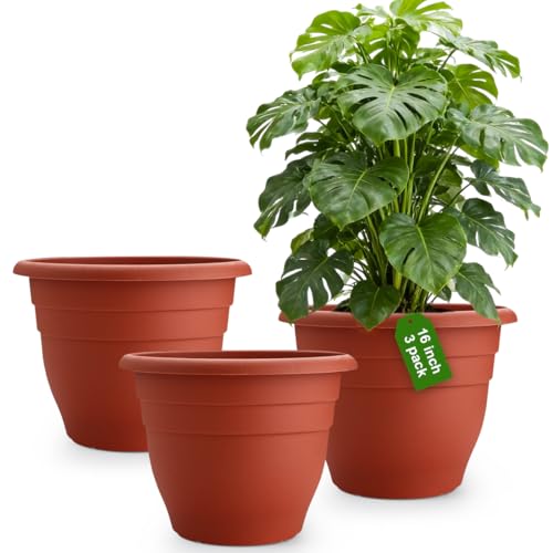 3 Pack 16 Inch Large Outdoor Plastic Plant Pots with Drainage Holes (Pottery Red / 16 inch)