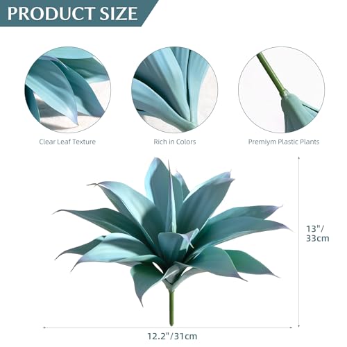2-Pack 13.8-Inch Artificial Agave Plants for Outdoor Planters, UV Resistant Fake Agave Plants, Faux Succulent Greenery for Porch, Patio, Garden, Entryway and Indoor Decor, Blue (Agave15-blue2)