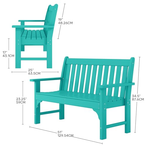 Garden Bench Farmhouse Park Front Porch for Entryway Bench Outdoor Seating Low Bench Patio Bench Outside (Turquoise / 51IN)