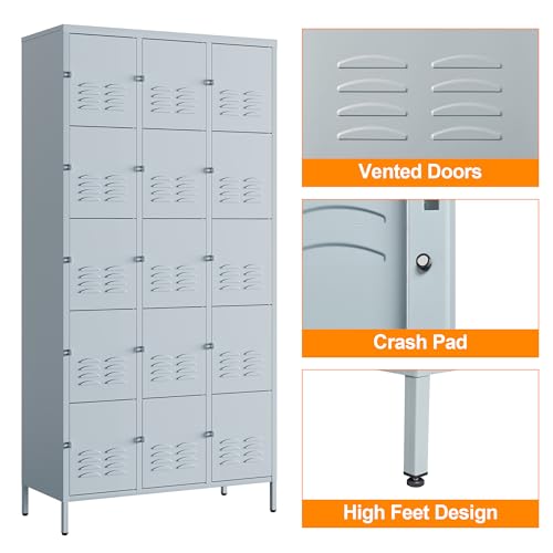 Metal Locker with 15 Doors Employees Locker (Grey(4 Legs) / 15 Doors-Wide-71")