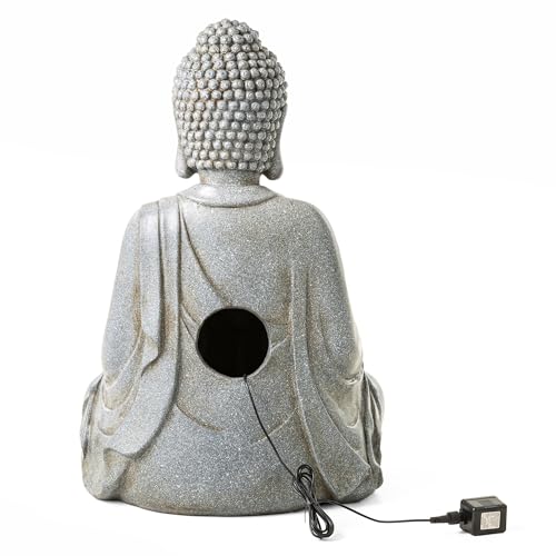 Buddha Outdoor Water Fountain with Lights and Pump (Concrete Buddha W/Lotus Leaf&flower Basins / 28.25"H)