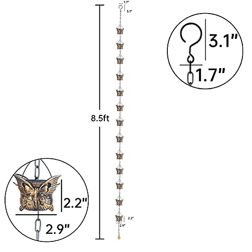 Rain Chains for Gutters Outside 8.5FT Copper Rain Catcher Chain with 13 Butterfly Cups Decorative Replacement for Downspout (Copper Butterfly)
