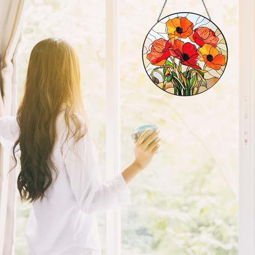 California Poppy Forest Sun Catcher 6'' Stained Glass Window Hanging Flower Lover Gifts for Women Red Poppy Kitchen Decor Suncatcher Decoration for Home Garden Housewarming Gifts (Poppy-02 / 5.91inch)