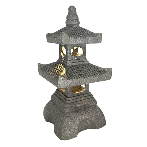 2 Tier Pagoda Garden Statue LED Solar Powered Light 18" Tall Outdoor Zen Garden Lantern Landscape Lawn Asian Pagoda Stupa Decor Grey Resin (18-Inch Pagoda Garden Statue)