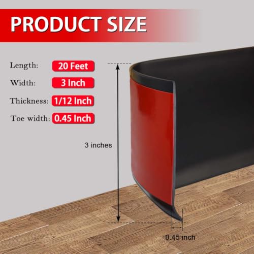 Vinyl Wall Base Rubber Baseboard Molding Trim Self Adhesive 3" Wide (Black / 3in x 20ft)