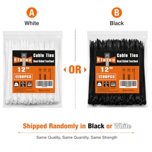 12 Inch Black or White Zip Ties 1200 Pack Cable Ties 110 LBS (1200 Count)