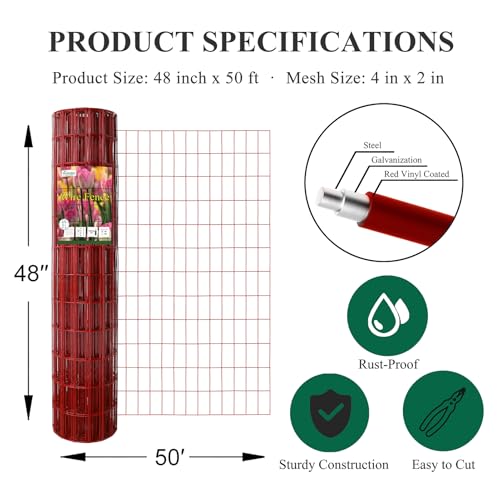 Red PVC Coated Welded Wire Fence 48" x 50' Roll (Red / 2''x4'' 14GA 48''x50')