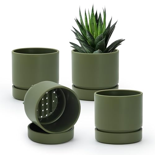 4 Inch Planter Pot with Drainage Hole & Saucer (4" (4 Pack) / Olive)