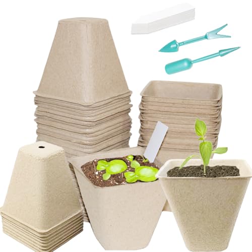 50Pcs Biodegradable Seedling Pots Seed Starter Kit 3.15 Inch Square Peat Pot with Drainage Holes (Square (With Labels, Picker, and Shovel))