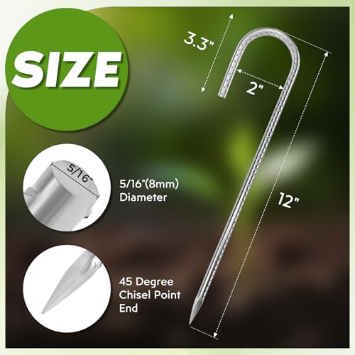 12 inches Tent Stakes Heavy Duty 12 (J-12"x5/16"-12pcs / J Shape-Silver)