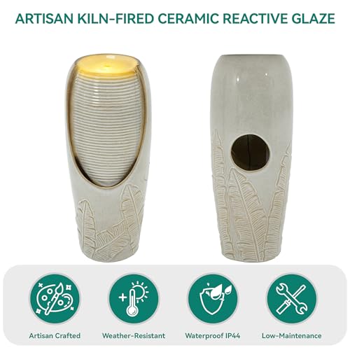 32" H Outdoor Garden Fountain with LED Lights (Beige Glaze Pattern 32"h-leaf)