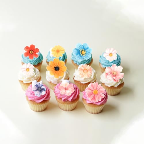 60 PCS Edible Flowers Cupcake Toppers Wafer Paper Daisy Cupcake Picks Edible Hibiscus Flower Birthday Party Decorations for Baby Shower Wedding Birthday Party Cake Food Decorations Supplies (48 Count)