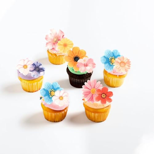 60 PCS Edible Flowers Cupcake Toppers Wafer Paper Daisy Cupcake Picks Edible Hibiscus Flower Birthday Party Decorations for Baby Shower Wedding Birthday Party Cake Food Decorations Supplies (48 Count)