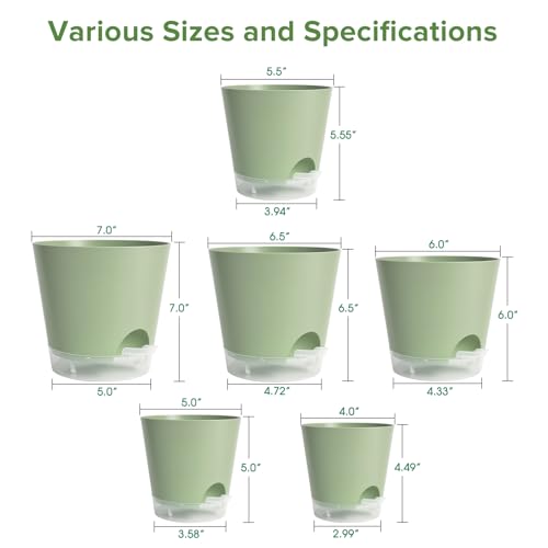 2026 Upgraded Self Watering Plant Pots with Drainage Hole (7-green-upgraded / 7+6.5+6+5.5+5+4 inch)