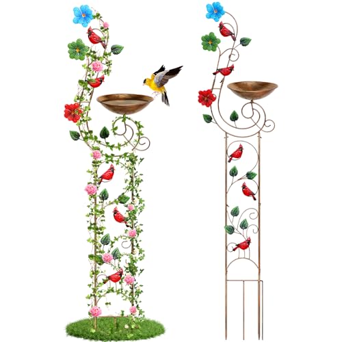 57” Bird Bath with Garden Trellis for Climbing Plants Outdoor (Redbird)