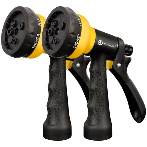 Garden-Hose-Nozzle, 2 Pack ABS Water Spray Nozzle with Heavy Duty 7 Adjustable Watering Patterns,Slip Resistant for Watering Plants,Lawn& Garden,Washing Cars,Cleaning,Showering Pets - Yellow (Yellow)