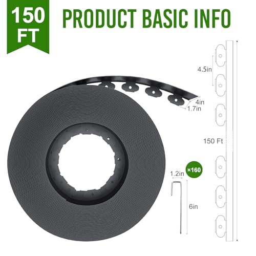 Landscape Edging 4 Inch Tall 150FT with 160Pcs Metal Spikes (Black / 150FT)