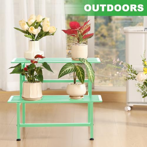 2 Tier Metal Plant Stand Outdoor Indoor Plant Shelf (2 Tier-Mint Green)