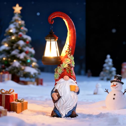 Solar Coffee Gnome Garden Statue with Lantern (Red Hat Gnome 13.39in)