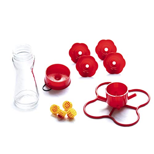 Bird Feeder 4 bee Guard Plastic Feeding Port 8oz Glass Pinch Waist Hummingbird Feeder (2pcs / Red)