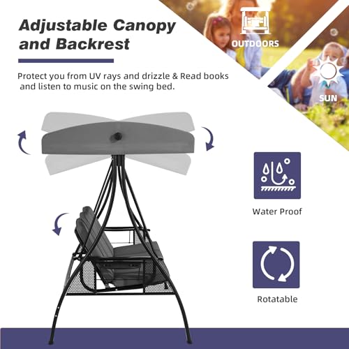 3 Seat Porch Swing with Adjustable Canopy (Gray)