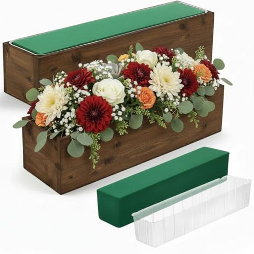 2 Set Wood Boxes for Centerpieces 16x4 Inch Rectangle Wooden Planter Box Rustic Wooden Planters with Removable Plastic Liner Floral Foam Blocks for Christmas Wedding Home Garden Decor (16 x 4 Inch / Brown)