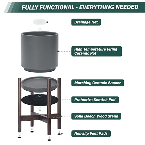 Ceramic Pot with Walnut Wood Stand (14 Inch / Grey Pot + Walnut Color Stand)