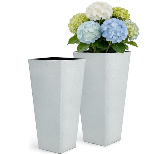 Autodaya 28" Plant Pots Tall Planters for Outdoor Plants Set of 2 with Tray (Tall Terrazzo White-28")