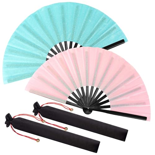 2 Packs Large Folding Hand Fans (Glitter Pink and Light Blue)