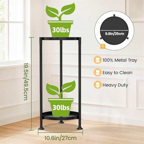 Plant Stand Indoor Tall Corner with Large Metal Tray (Classic Black / 2 Tier)