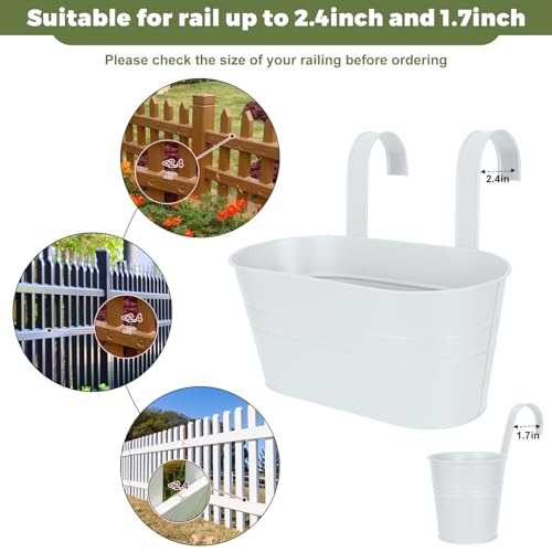 3 Different Size Metal Iron Hanging Flower Pots 10 Pcs for Outdoor Plants Metal Hanging Bucket Pots Iron Railing Fence Planter with Drainage Holes and Hooks for Porch Railing Balcony Fence (White)