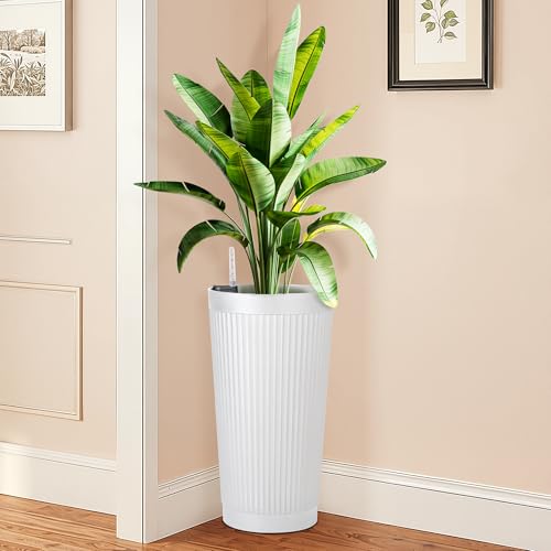 Self Watering Tall Planters Set of 2 (White-round Ribbed)