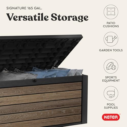 Signature Collection 165 Gallon Resin Deck Box Organization and Storage Box for Patio Outdoor Cushions (Walnut / 165 Gallon)