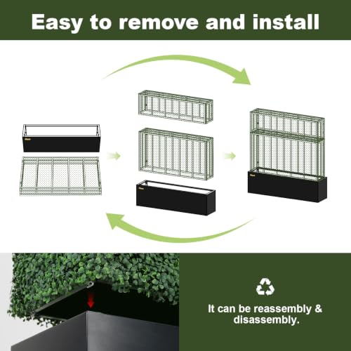 Artificial Boxwood Hedge Wall with Black Steel Planter Box (60" L X 64" H X 14" D)