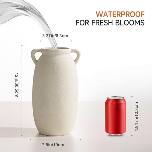 Ceramic Flower Vase 12 inch Farmhouse Rustic Vase Decorative Pottery Terracotta Tall Vases for Home Decor Table Mantle Fireplace Living Room Bathroom Wedding Centerpiece (L-antique Off White)