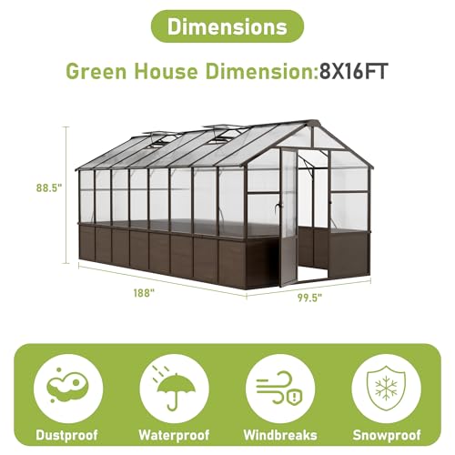 8x16 FT Wooden Walk in Polycarbonate Greenhouse for Outdoors (Brown / 8x16 FT)