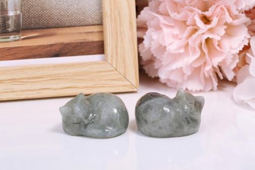 Labradorite Cat Healing Crystals Figurine Sleeping Cat Hand Carved Cute Statue Polished Stone Sculpture Reiki Office Room Bedroom Desk Home Decoration Gifts 1.6" (P-labradorite)