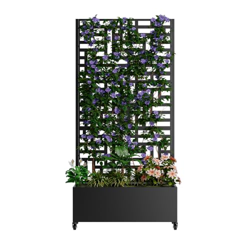 Metal Planter Box with Trellis and Wheels (Black / Rectangular C)