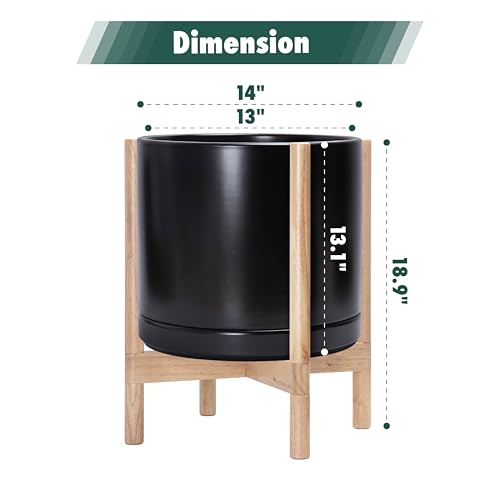 Ceramic Pot with Natural Wood Stand (14 Inch / Black Pot + Natural Stand)