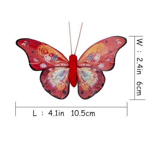 Artificial Feather 3D Butterfly Party Decorations Set of 12 with Clip 6 Color Red Series Ornaments for Christmas Tree (F Clip)