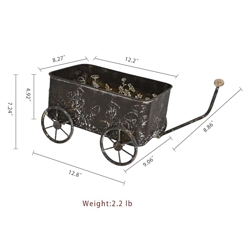 Vintage Flower Cart with Wooden Handles Metal Wagon Planter Brown