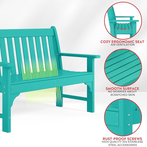 Garden Bench Farmhouse Park Front Porch for Entryway Bench Outdoor Seating Low Bench Patio Bench Outside (Turquoise / 51IN)
