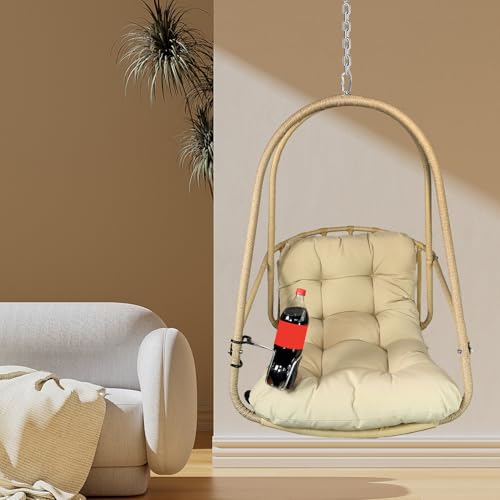 Swing Egg Chair with Stand Foldable Wicker Frame UV Resistant Waterproof Cushion Hanging Chairs with Cup Holder 350lbs Capacity Swing Hammock Chairs for Patio Bedroom Indoor Outside (Beige)