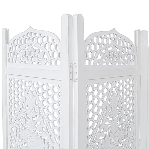 Room Divider Wooden Foldable Hand Carved Screens Panel_80" Wx72 H_4Panel (Antique White / 80"W x 72"H - Minar)