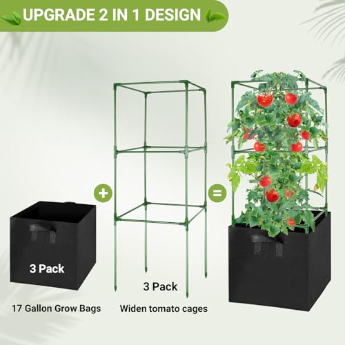 3 Pack Tomato Cages with 17 Gallon Grow Bags (3 Count)
