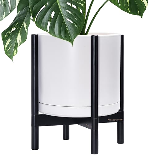 Ceramic Pot with Ebony Wood Stand (14 Inch / White Pot + Ebony Stand)