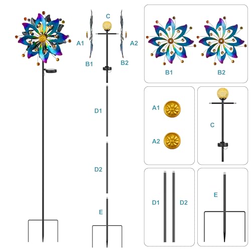 59" Solar Wind Spinner Outdoor Color Changing LED Garden Yard Decor (Blue & Purple)