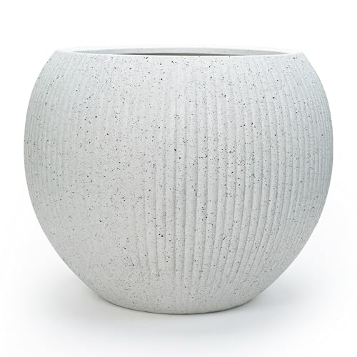 Premium Mt Sherman Fiberstone Sphere Planter for Indoor Outdoor Use (Ribbed White / Medium 16.1''D x 13.6''H)